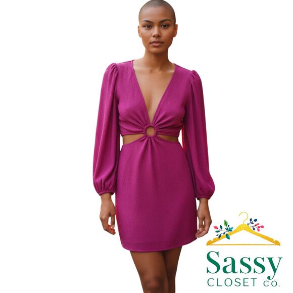 Monteau Los Angeles Pink Cutout Dress V Neck Blouson Sleeve Women’s Sz S EUC - Picture 1 of 6